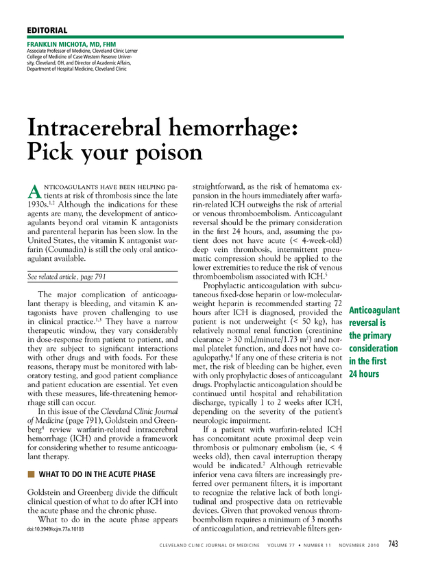 Intracerebral hemorrhage: Pick your poison | Cleveland Clinic Journal ...